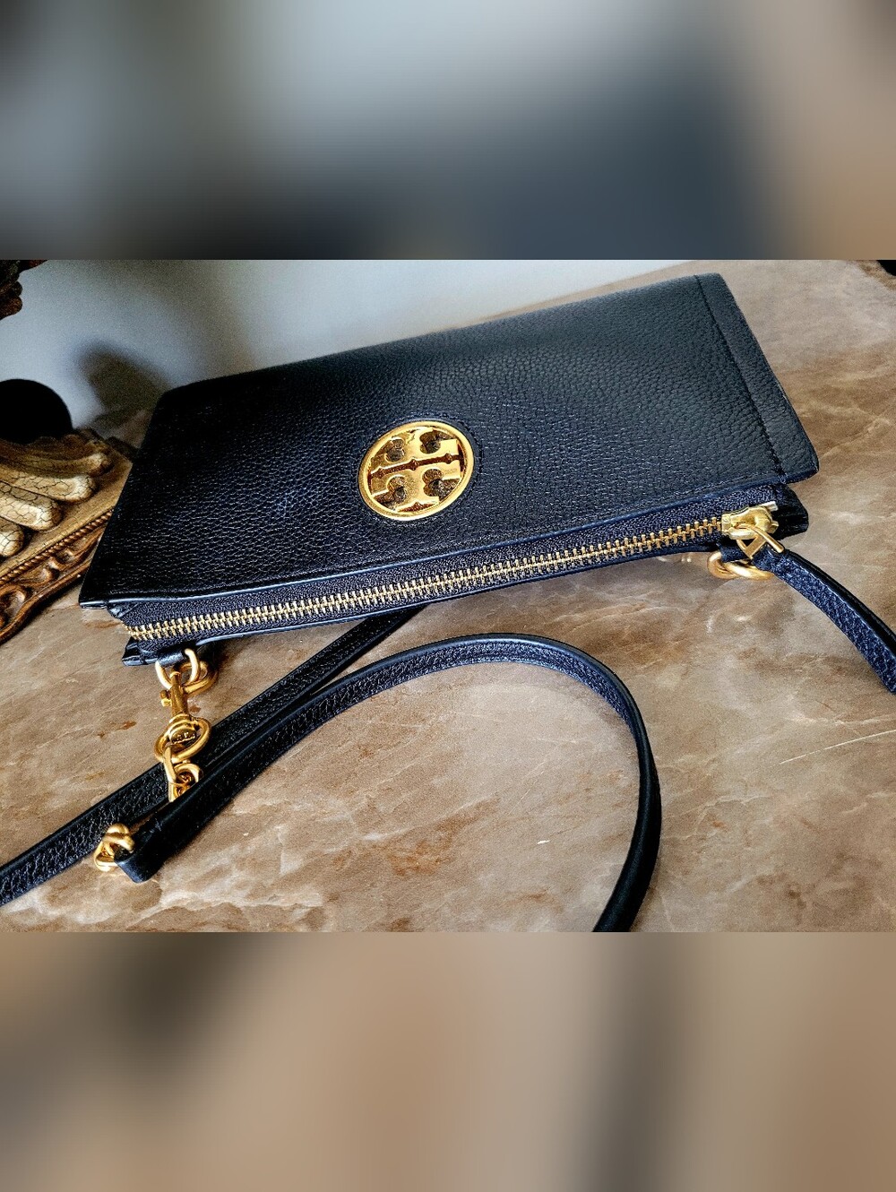 Tory Burch Carson Zip Top Pebbled Leather Crossbody in Black 9"×6"×1" - Picture 5 of 16